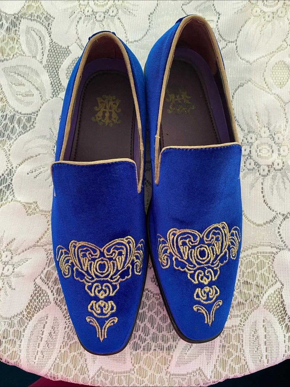 Men's Royal Blue Velvet Slip-On Loafers with Gold Embroidery